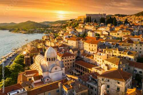 Beautiful old city of Sibenik, aerial view of the town center at sunset. Croatia.