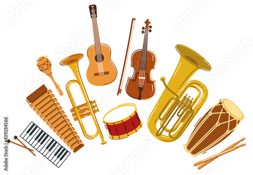 Classical music instruments composition vector flat style illustration isolated on white, classic orchestra acoustic sound, concert or festival live sound.