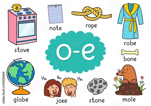 O-e digraph spelling rule educational poster for kids with words. Learning phonics for school and preschool. Phonetic worksheet. Vector illustration
