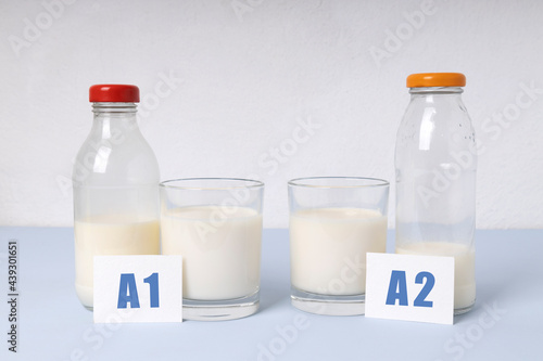Two bottles and glass of milk different types.A1 and A2 milk variety