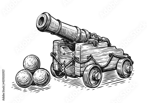 Old pirate ship cannon and cannonballs. Sketch vintage vector illustration