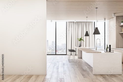 Modern wood and concrete kitchen interior with empty mock up place on wall, island, appliances and window with city view and daylight. 3D Rendering.