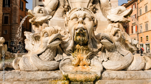 Rome, Piazza della Rotonda. Details of the Phanteon fountain, designed by Giacomo della Porta and executed by Leonardo Sormani. In 1711 was remodeled.