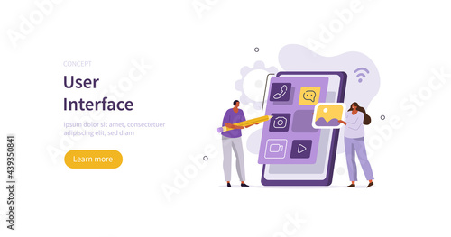 People characters developing user interface for new mobile app. Developers and designers programming and coding code. Web development process concept. Flat cartoon vector illustration.