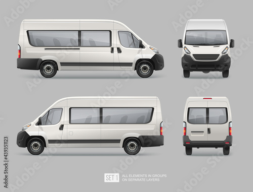 Passenger Van Mini Bus vector template for Mockup Advertising and Corporate identity on transport. Side view passenger bus. Realistic Passenger Car Isolated on grey background