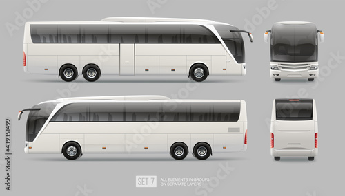 Vector Passenger Coach bus blank surface template isolated on grey background. Travel Bus for brand identity design. Side view realistic Bus template. Side view travel coach bus