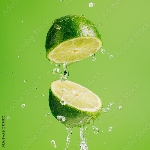 Fresh and juicy lime thrown in the air, flying and levitating isolated on a pistachio green background. Citrus fruit with splashing drops of water. Creative food concept.