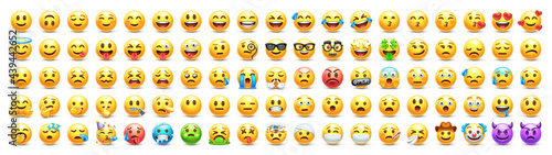 Yellow emoji. Funny emoticons faces with facial expressions. 3D stylized vector icons set