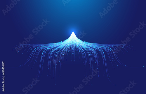 Line particles converge in the shape of snow and ice peaks Internet technology background.