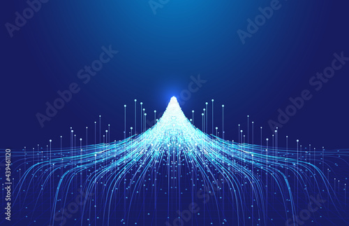 Line particles converge in the shape of snow and ice peaks Internet technology background.