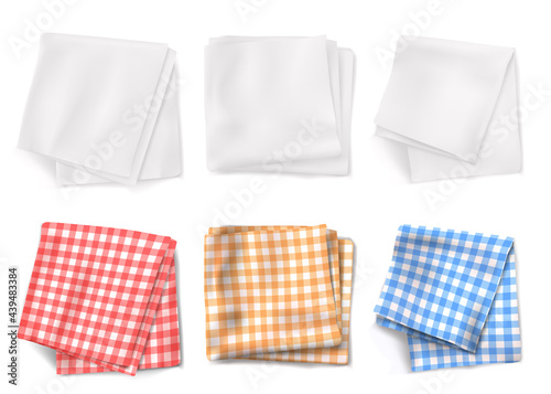 Gingham tablecloths and white kitchen towels top view. Vector realistic set of 3d folded table clothes with plaid pattern and linen napkins isolated on white background