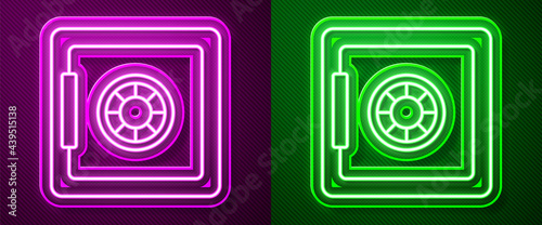 Glowing neon line Safe icon isolated on purple and green background. The door safe a bank vault with a combination lock. Reliable Data Protection. Vector