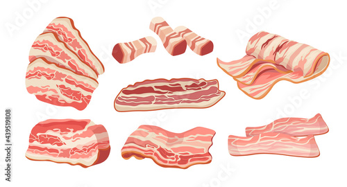Set of Bacon Slices, Thin Strips, Delicious Food for Breakfast. Rashers, Raw or Smoked Fatty of Pork Meat, Tasty Snack