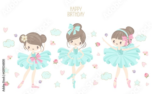 Cute ballerina on the background of stars, clouds and hearts. Vector illustration in a simple style. 