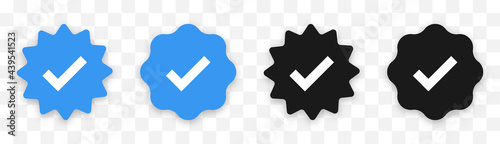 Verified badge profile set. Social media account verification icons . Isolated check mark on black and blue. Guaranteed signs. Vector illustration.