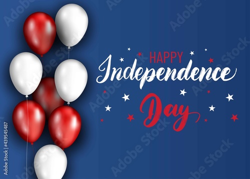 Vector Fourth of July hand lettering.Happy Independence Day of United States of America. Patriotic illustration with red and white balloons