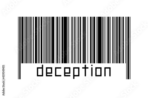 Digitalization concept. Barcode of black horizontal lines with inscription deception