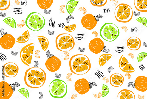 bright light Yellow orange pattern with Fresh citrus for fabric with drawing labels, print on clothes, wallpaper of children's room. Slices oflemon, lime, orange and bright YELLOW wallpaper design.eps