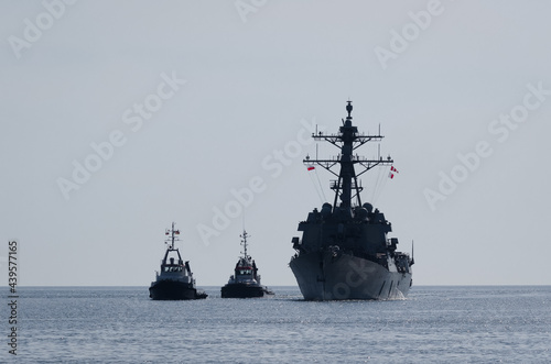 WARSHIP - Guided missile destroyer sails on the sea 