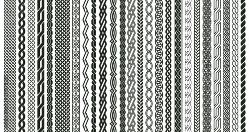 Celtic braids patterns. Braided Irish pattern seamless borders, knotted braid ornaments isolated vector illustration set. Woven celtic braids elements