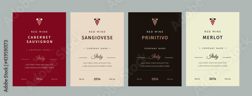 Red and white wine label. Special collection best quality grape varieties and premium wine brand names labels emblems abstract isolated vector illustration.