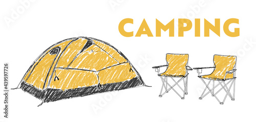 Zelt mit 2 Campingstühlen (Zeichnung)