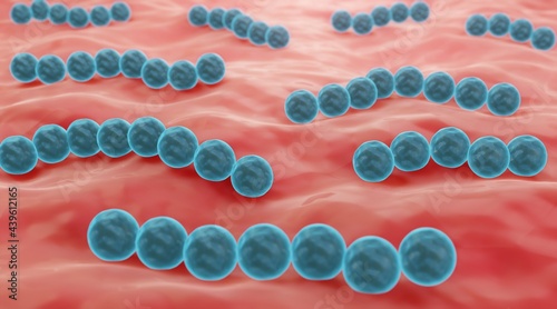 Probiotic streptococcus bacteria on mucosa, human microbiota 3d illustration