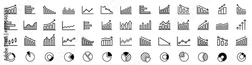 Growing bar graph icon set. Business graphs and charts icons. Statistics and analytics vector icon. Statistic and data, charts diagrams, money, down or up arrow. Vector illustration.