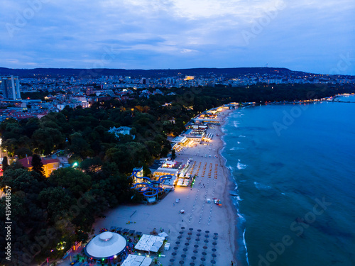 View from above of the hotels in night Varna in Bulgaria. Summer holiday in Europe. Aerial photography, drone view.