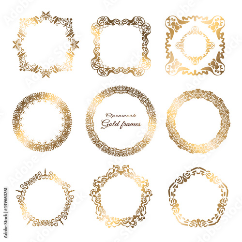 Gold frame set. Openwork floral ornament. Geometric set with gold pattern. Vector illustration. White background.