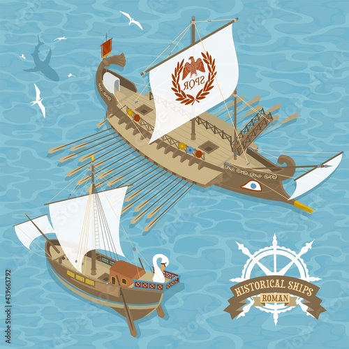 Historical Roman sail ships vector illustration in isometric perspective
