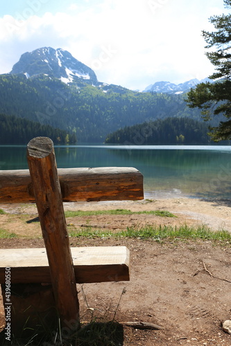 wooden bench by the lake, montenegro