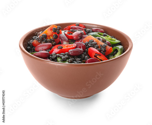 Bowl with tasty cooked lentils and vegetables on white background