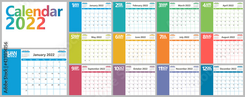 Bright calendar planner for 2022 with months of different colors. The week starts on Monday. Vector illustration