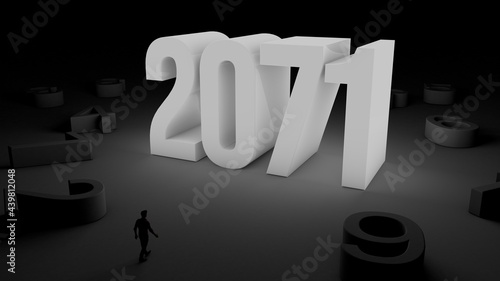 3D illustration of number 2071 with a man walking towards it