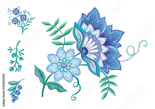 Fantasy flowers in retro, vintage, jacobean embroidery style. Embroidery imitation isolated on white background. Vector illustration. Set of elements for design, clip art.