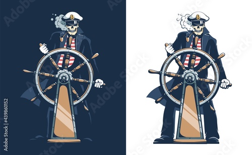 Pirate Ship Captain - skeleton sailor. Seaman skull captain is at the helm. Vector illustration.