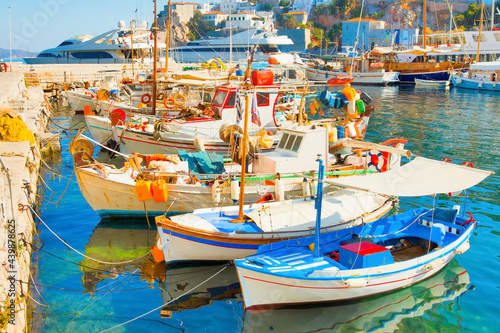 Greece, boats in port of Hydra island in Saronicos Gulf