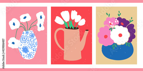 A set of three abstract minimalistic aesthetic floral illustrations. Colorful silhouettes of plants on a light background. Modern vector pop art posters for social networks, web design, interiors. 