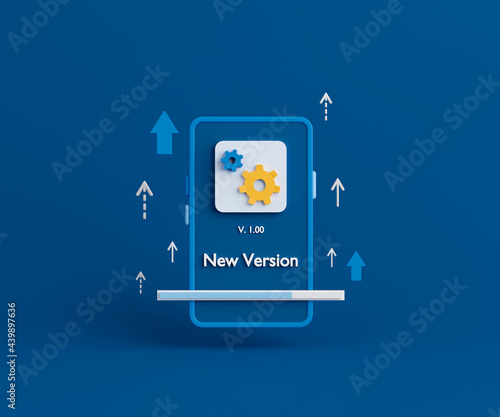 3d rendering smartphone with update interface on blue background.