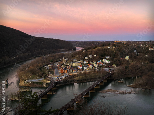 Panoramic Sunrise at Maryland Heights Rock Cliffs Overlooking Potomac River and Shenandoah River Junction, Railroad Tracks, Harpers Ferry West Virginia
