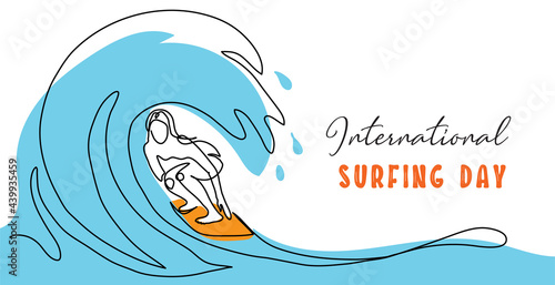 International surfing day simple vector banner, poster, background. One continuous line drawing of surfer on the surfboard catching the wave. Surfing day minimalist banner