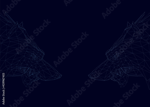Wireframe of two wolf heads from blue lines on a dark background. 3D. Vector illustration