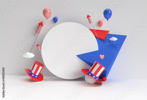3D Render Scene of Minimal Podium Scene for Display Products Advertising Design. 4th of July USA Independence Day Concept.