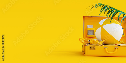 Suitcase with summer accessories on yellow background 3D Rendering, 3D Illustration