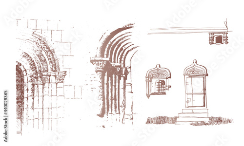 Decor Elements of the antique door frame and window architrave in the old Russian and Byzantine architectural style. Brown colored traced doodle ink and pen sketch drawing 