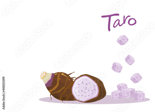 Half and slice with cubes of taro root isolated on white background. Vector illustration.