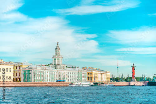 The building of the Kunstkamera Museum with the embankment in St. Petersburg in the summer