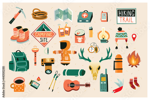 Hiking elements vector stickers and icons. Isolated vector images.