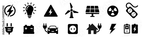 Electricity icon set. Collection of green energy icons. Icons for renewable energy, green technology. Flat style icon. Environmental sustainability simple symbol - stock vector.